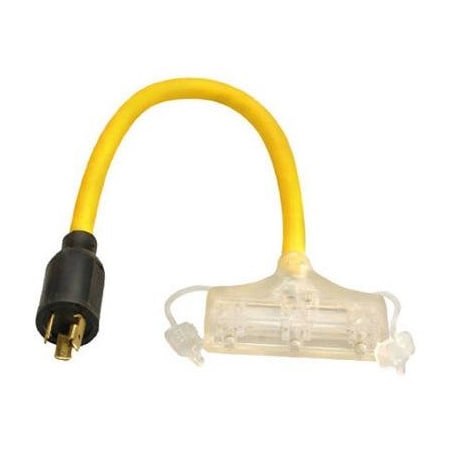 Southwire Extension Cord Adapter, 12 AWG, 12/3, 3 Outlets, 5-15R, Yellow, L5-20P, 2 ft 9084